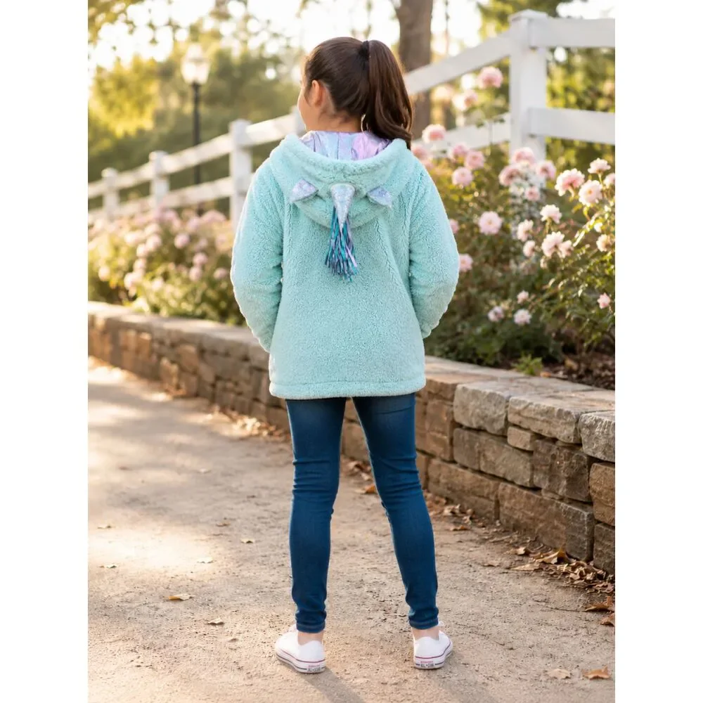Teal Seafoam Green Cat & Jack Fluffy Zip Up Unicorn Sweater Large 10/12 Winter